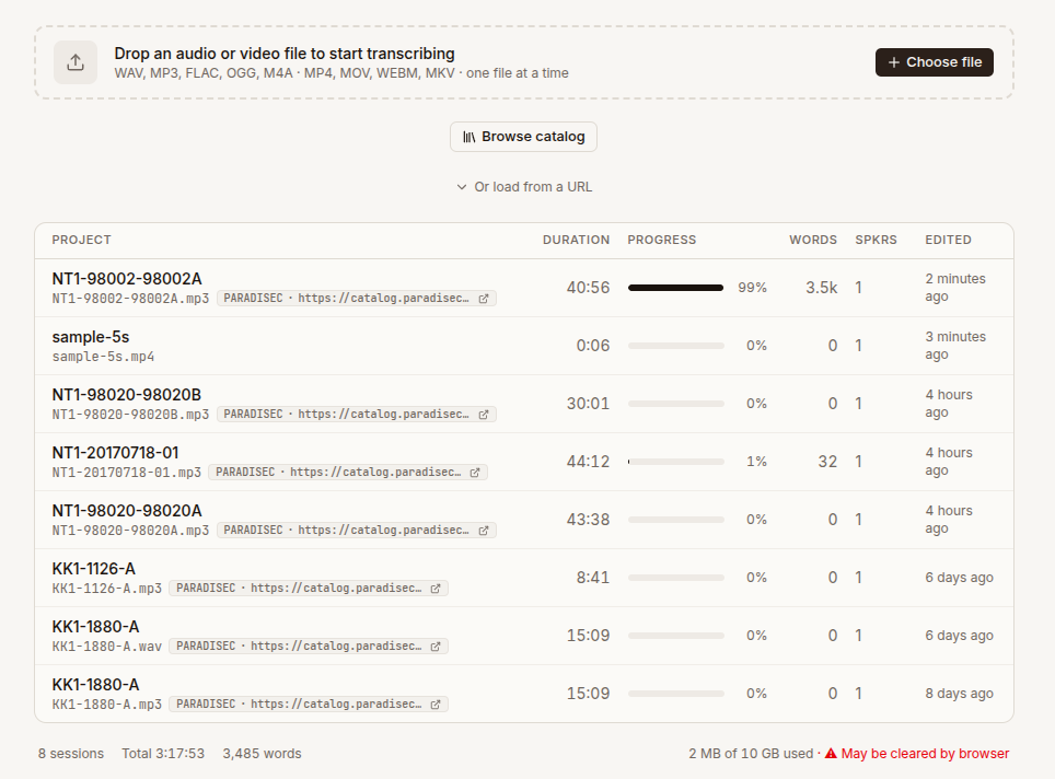 The Cockatiel session list showing saved recordings and their progress