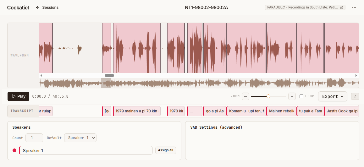 The Cockatiel waveform editor showing segmented speech